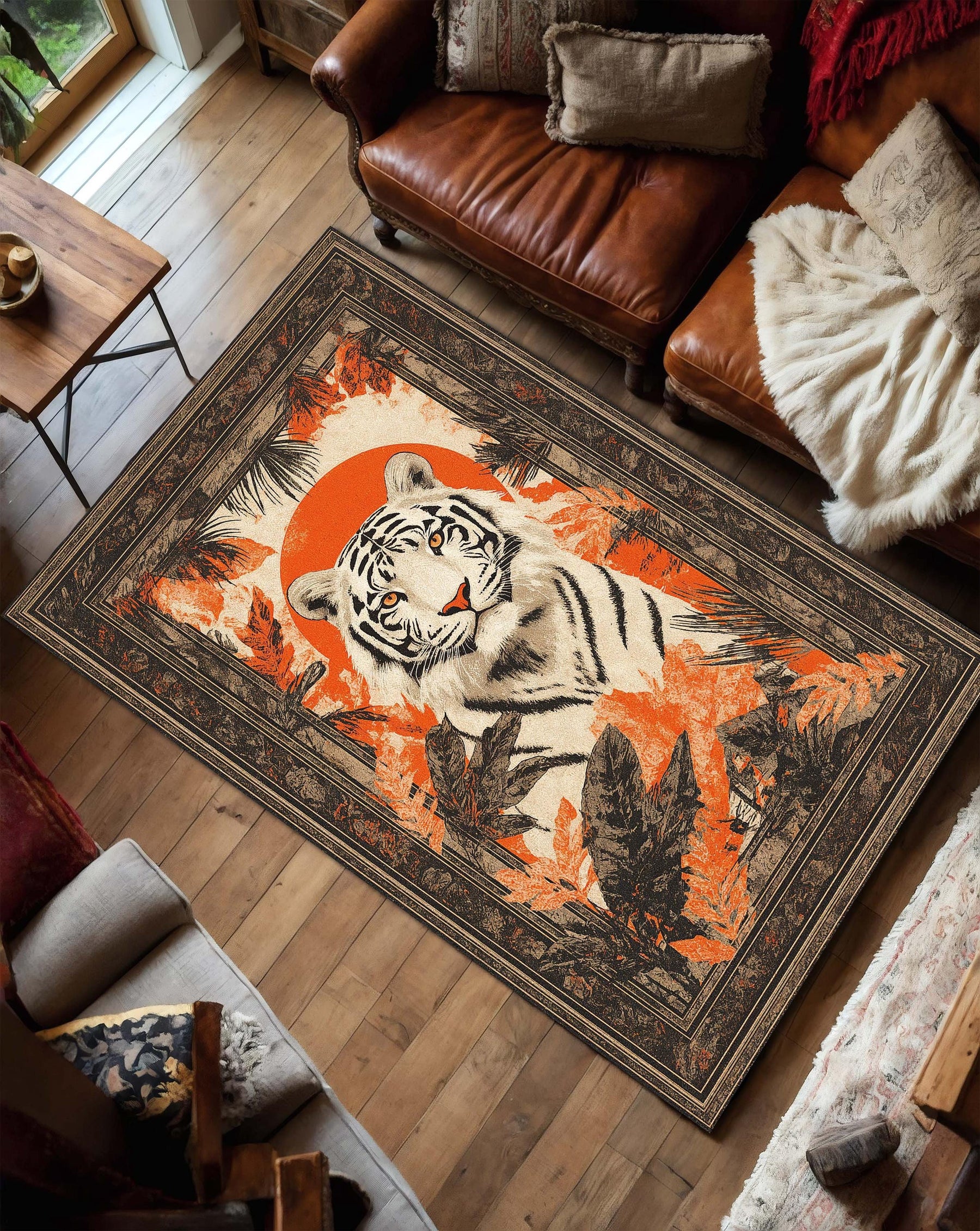 White Tiger Area Rug, Jungle Wildlife Living Room Carpet, Orange Black Nature Floor Mat, Boho Exotic Bedroom Accent Decor Gift Idea