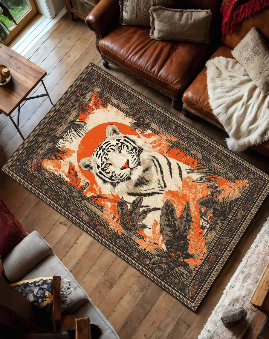 White Tiger Area Rug, Jungle Wildlife Living Room Carpet, Orange Black Nature Floor Mat, Boho Exotic Bedroom Accent Decor Gift Idea