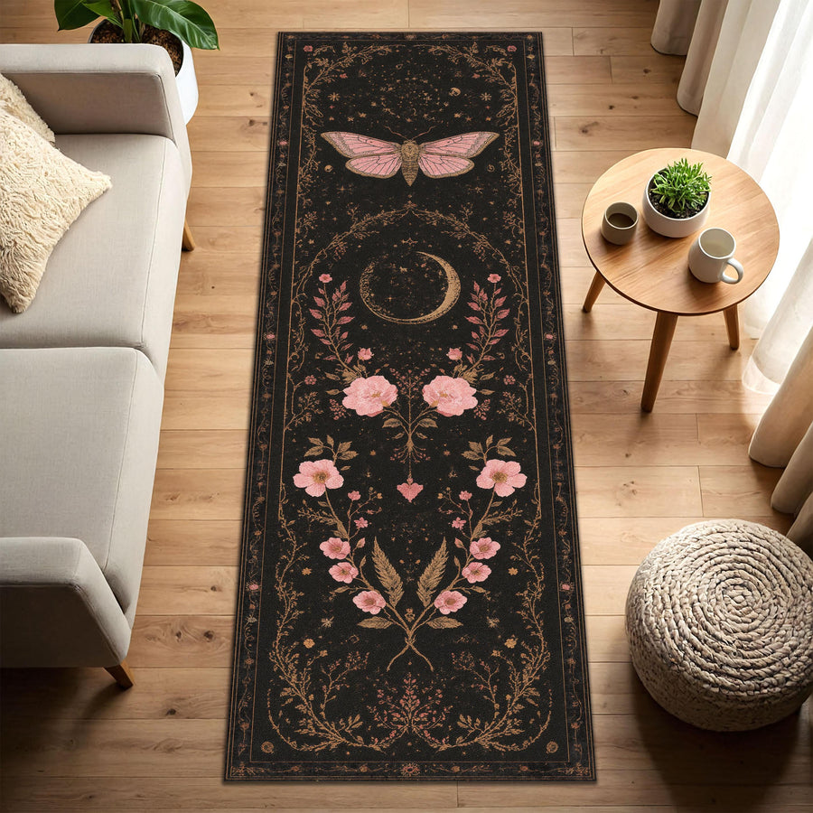 Gothic Floral Moth Moon Runner Rug, Celestial Black Hallway Carpet, Vintage Boho Witchy Decor for Living Room Entryway or Bedroom Decor
