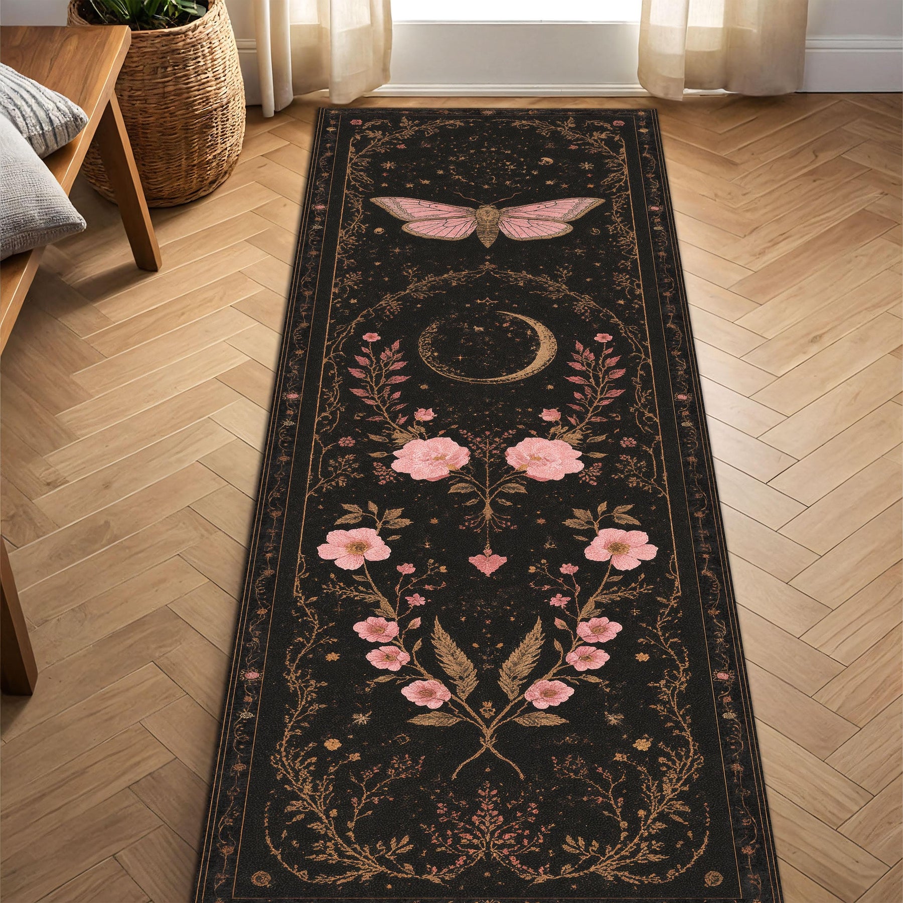 Gothic Floral Moth Moon Runner Rug, Celestial Black Hallway Carpet, Vintage Boho Witchy Decor for Living Room Entryway or Bedroom Decor