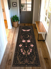 Gothic Floral Moth Moon Runner Rug, Celestial Black Hallway Carpet, Vintage Boho Witchy Decor for Living Room Entryway or Bedroom Decor