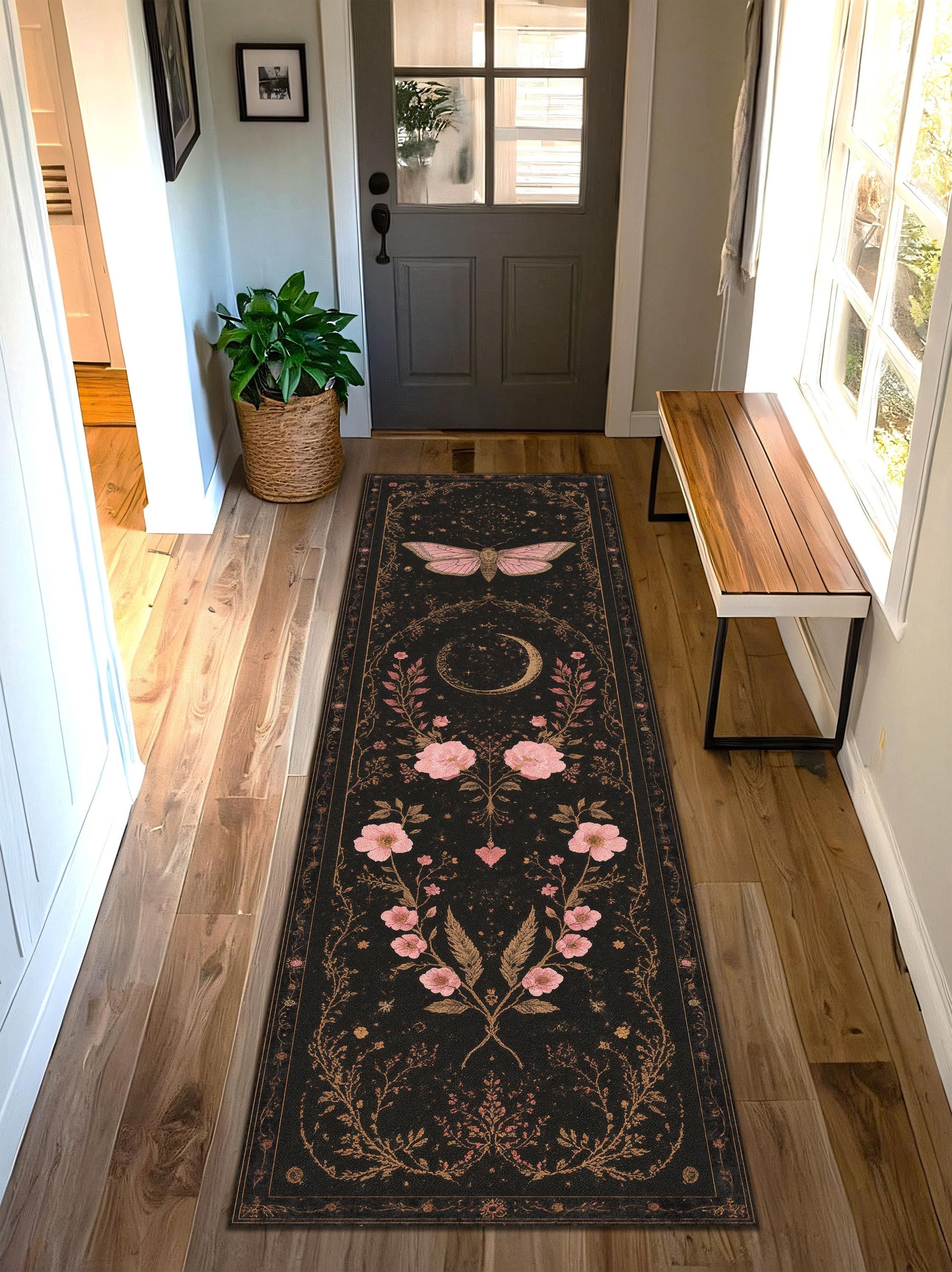 Gothic Floral Moth Moon Runner Rug, Celestial Black Hallway Carpet, Vintage Boho Witchy Decor for Living Room Entryway or Bedroom Decor