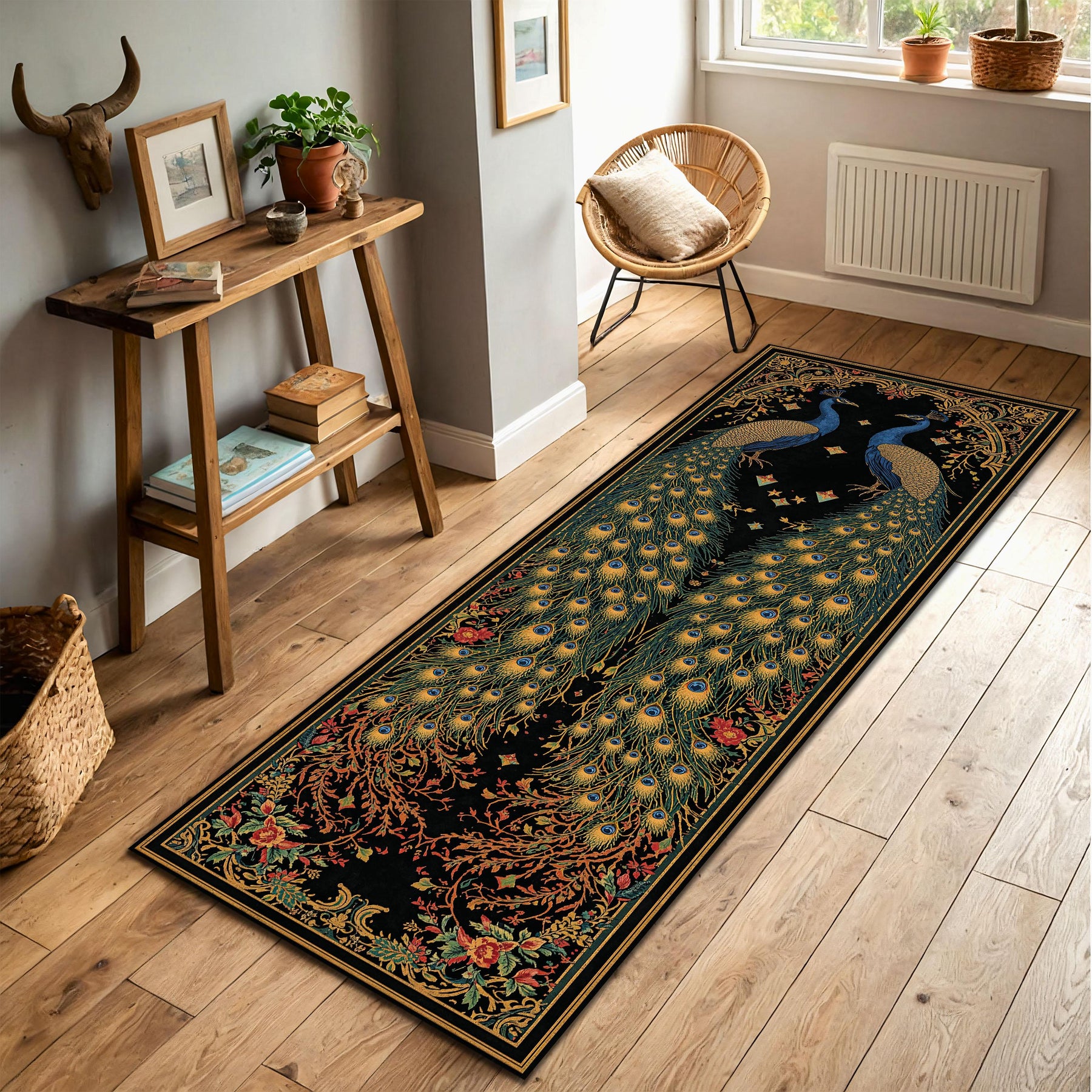 Peacock Runner Rug for Hallway, Black Vintage Art Deco Bird Carpet, Long Boho Floral Entryway Mat, Non Slip Area Floor Decor Gift Idea
