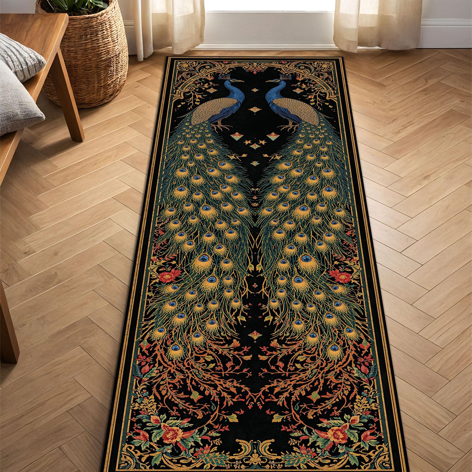Peacock Runner Rug for Hallway, Black Vintage Art Deco Bird Carpet, Long Boho Floral Entryway Mat, Non Slip Area Floor Decor Gift Idea