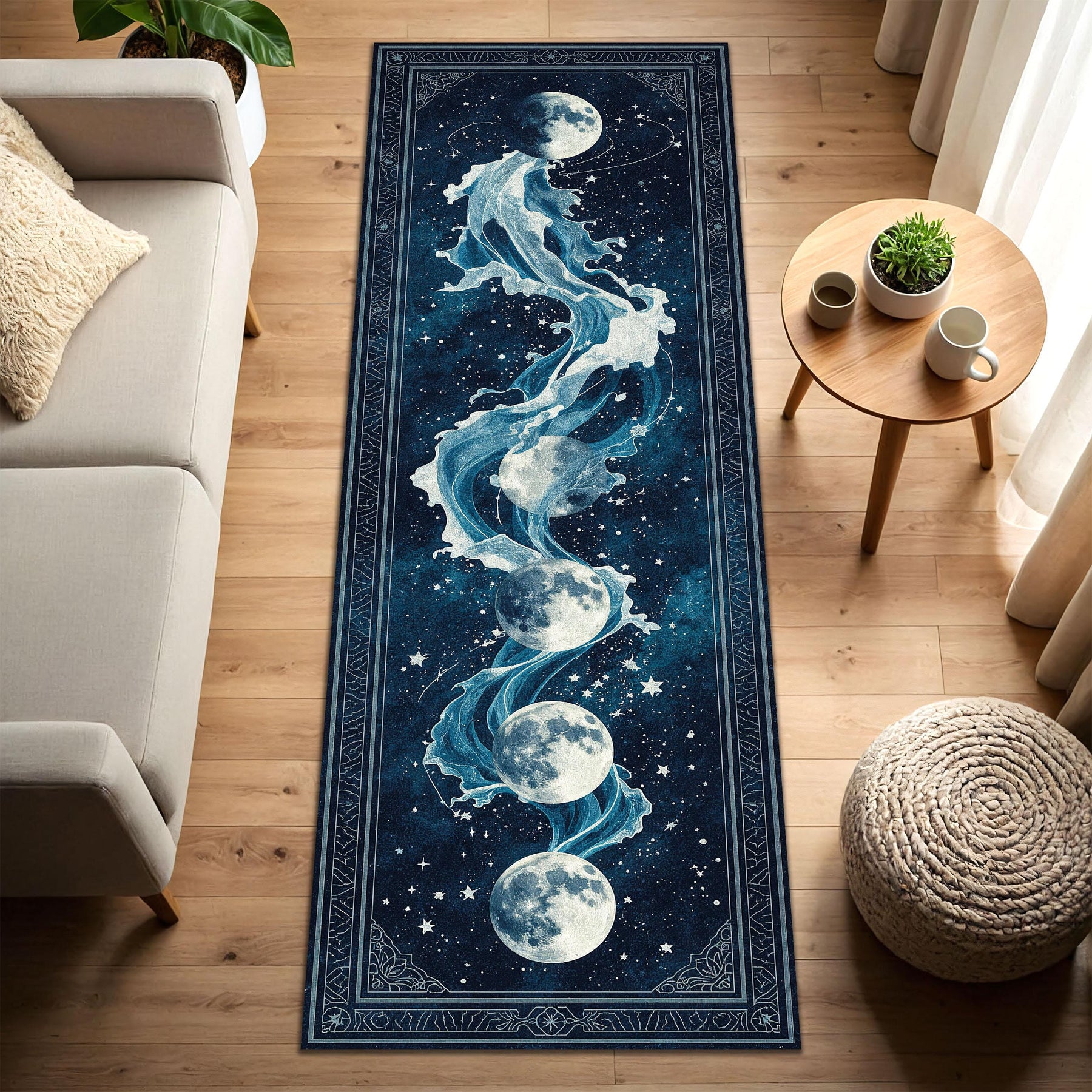 Moon Phase Wave Runner Rug, Celestial Ocean Galaxy Hallway Carpet, Mystic Navy Blue Long Area Rug, Boho Lunar Home Accent Piece