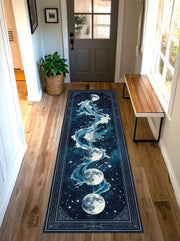 Moon Phase Wave Runner Rug, Celestial Ocean Galaxy Hallway Carpet, Mystic Navy Blue Long Area Rug, Boho Lunar Home Accent Piece