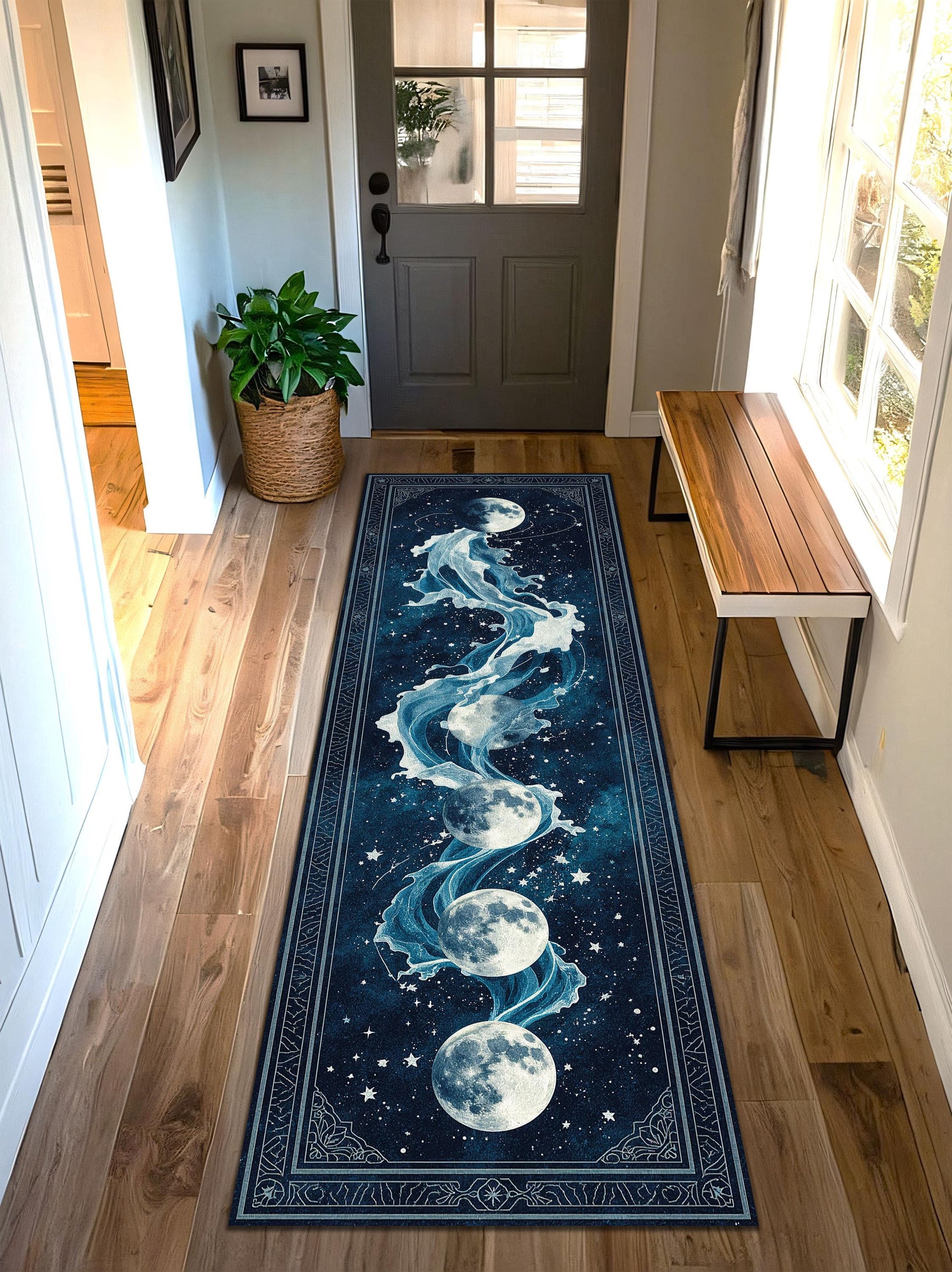 Moon Phase Wave Runner Rug, Celestial Ocean Galaxy Hallway Carpet, Mystic Navy Blue Long Area Rug, Boho Lunar Home Accent Piece