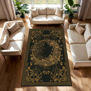 Black Gold Floral Area Rug, Elegant Baroque Wreath Carpet for Living Room, Lux Boho Modern Oriental Style Floor Decor, Non Slip Mat