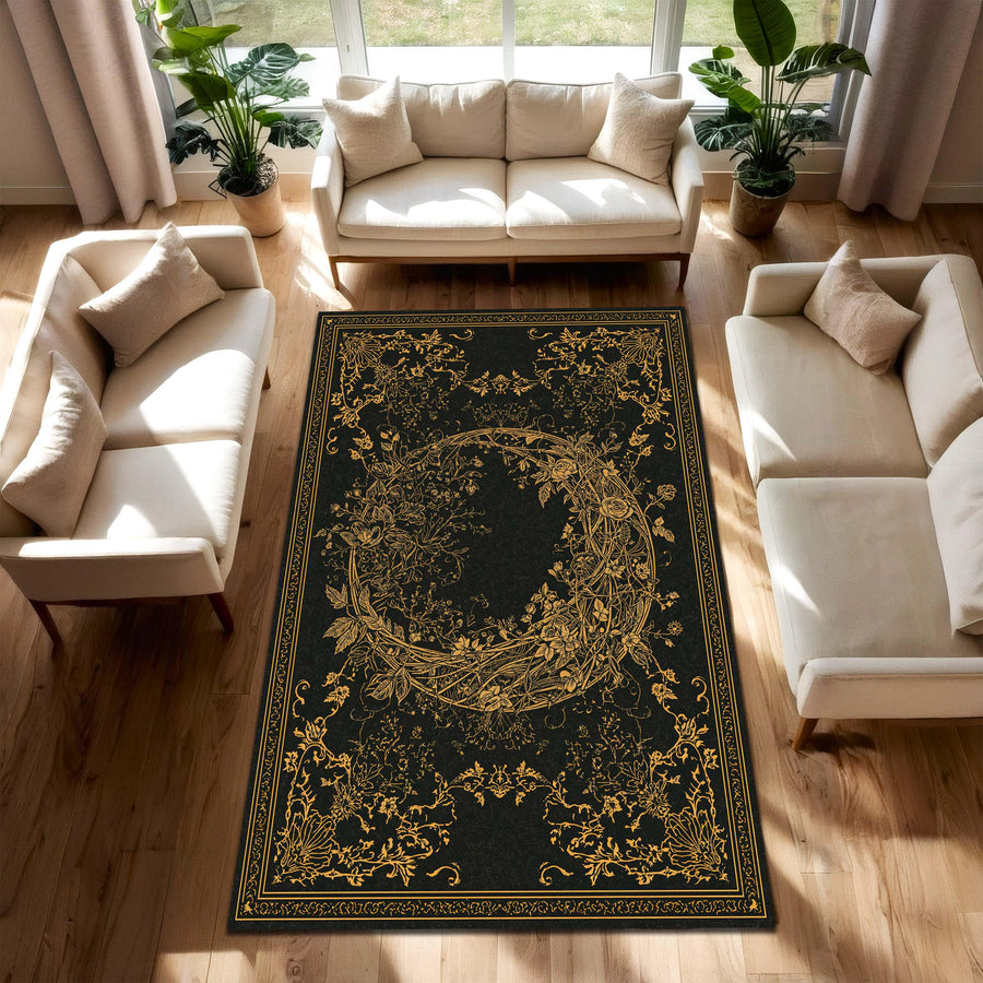 Black Gold Floral Area Rug, Elegant Baroque Wreath Carpet for Living Room, Lux Boho Modern Oriental Style Floor Decor, Non Slip Mat