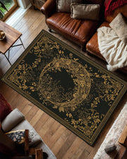 Black Gold Floral Area Rug, Elegant Baroque Wreath Carpet for Living Room, Lux Boho Modern Oriental Style Floor Decor, Non Slip Mat