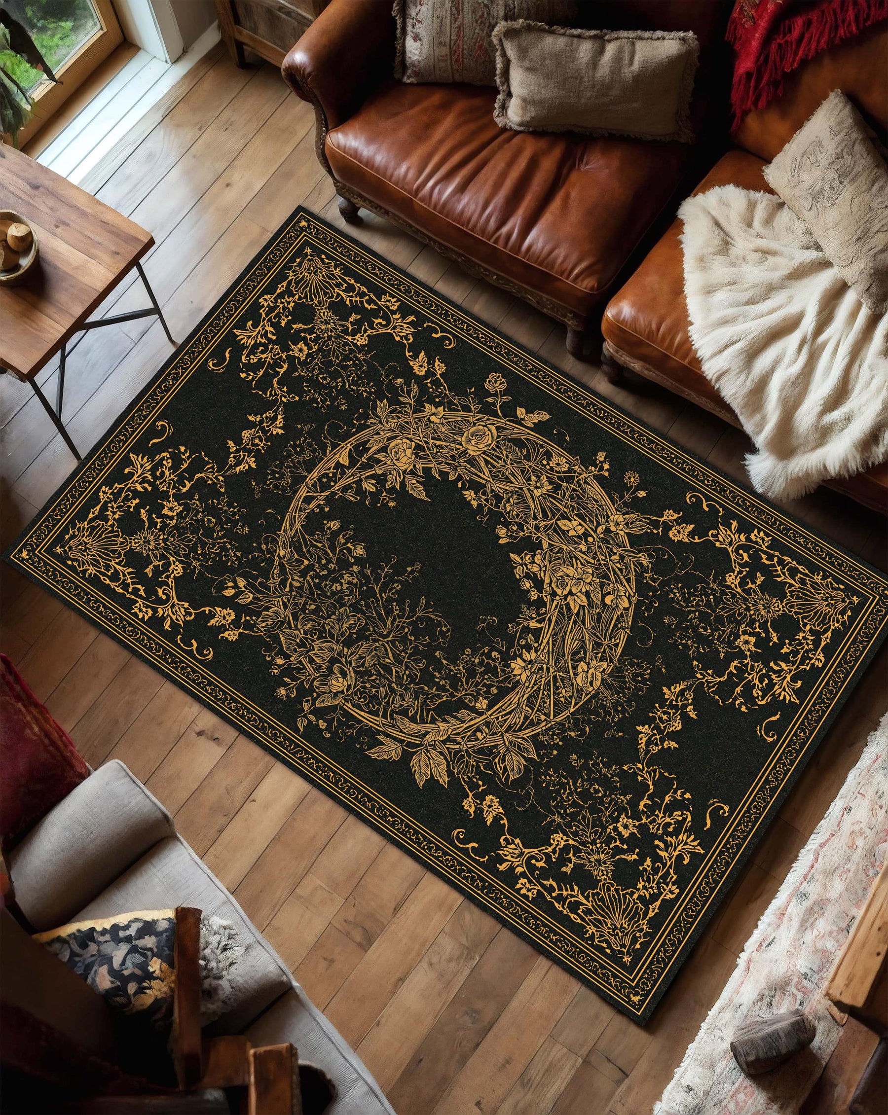 Black Gold Floral Area Rug, Elegant Baroque Wreath Carpet for Living Room, Lux Boho Modern Oriental Style Floor Decor, Non Slip Mat