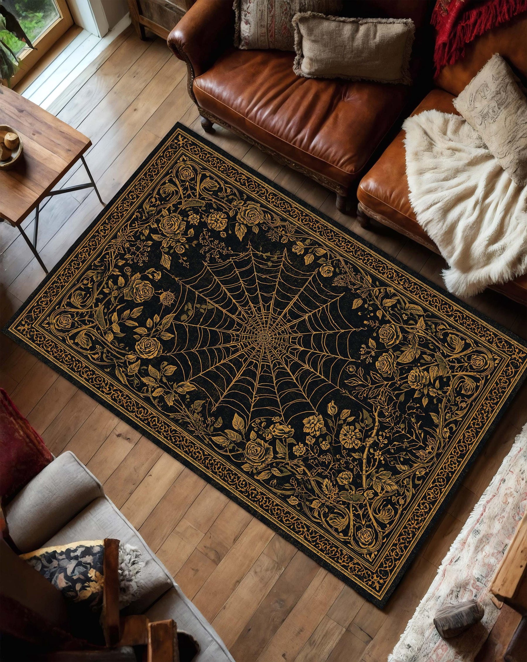 Black Gold Spider Web Floral Area Rug, Gothic Rose Carpet for Living Room, Occult Witchy Decor, Vintage Inspired Dark Aesthetic Home