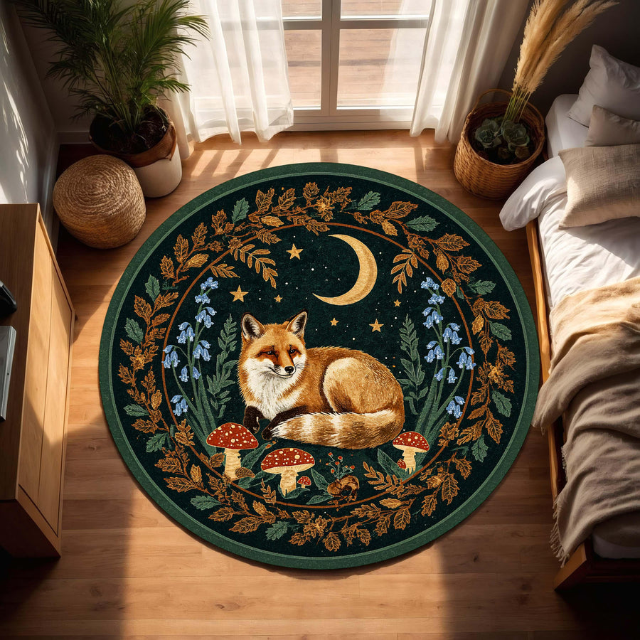 Round Fox Rug Woodland Moon Mushroom Carpet, Boho Forest Animal Decor, Cottagecore Celestial Area Rug for Living Room or Nursery Decor