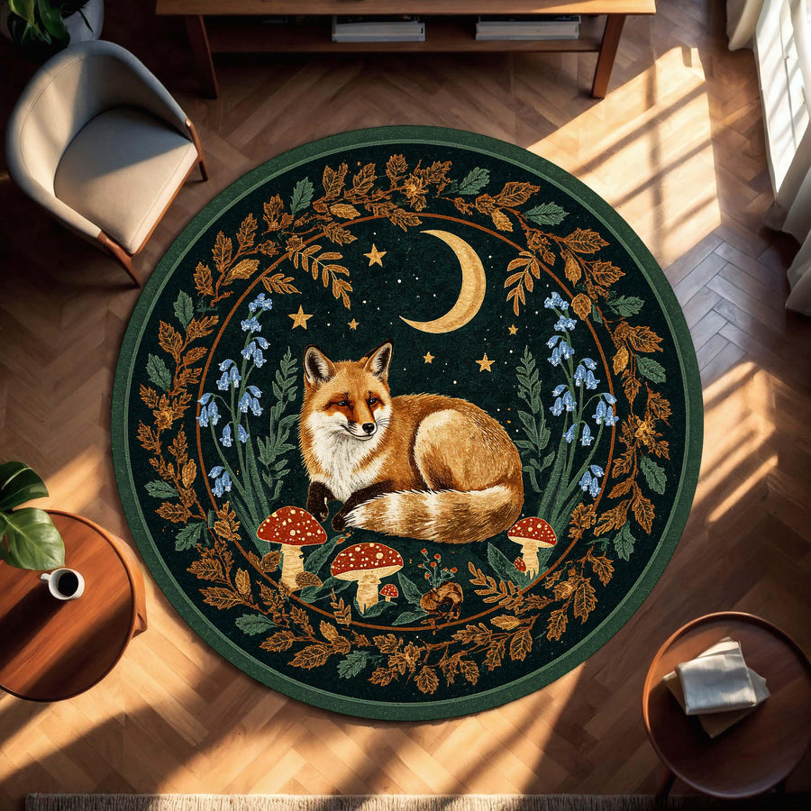 Round Fox Rug Woodland Moon Mushroom Carpet, Boho Forest Animal Decor, Cottagecore Celestial Area Rug for Living Room or Nursery Decor