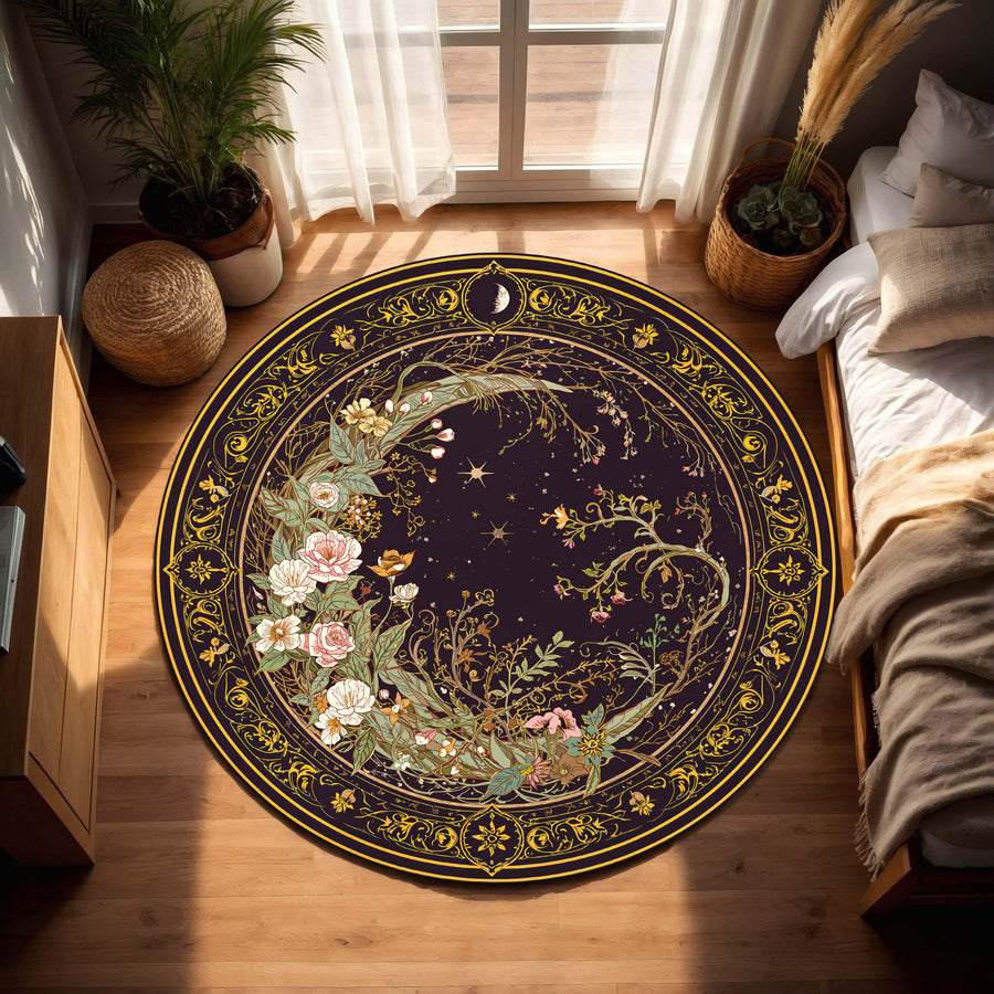 Celestial Floral Round Rug, Moon and Stars Boho Carpet, Mystical Art Nouveau Circle Mat for Living Room Decor, Witchy Home Gift Idea