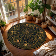 Round Gothic Spiderweb Rug, Black Gold Floral Carpet, Witchy Boho Living Room Decor, Occult Victorian Style Floor Mat for Modern Homes