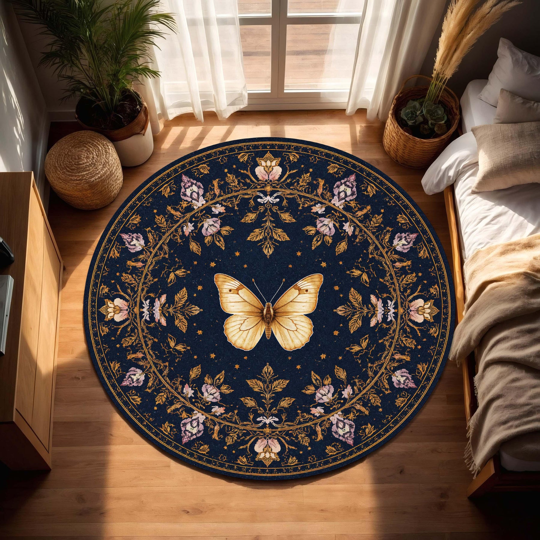 Round Navy Blue Butterfly Rug, Vintage Floral Medallion Carpet, Boho Celestial Area Rug for Living Room, Bedroom, Meditation Space