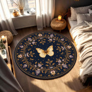 Round Navy Blue Butterfly Rug, Vintage Floral Medallion Carpet, Boho Celestial Area Rug for Living Room, Bedroom, Meditation Space