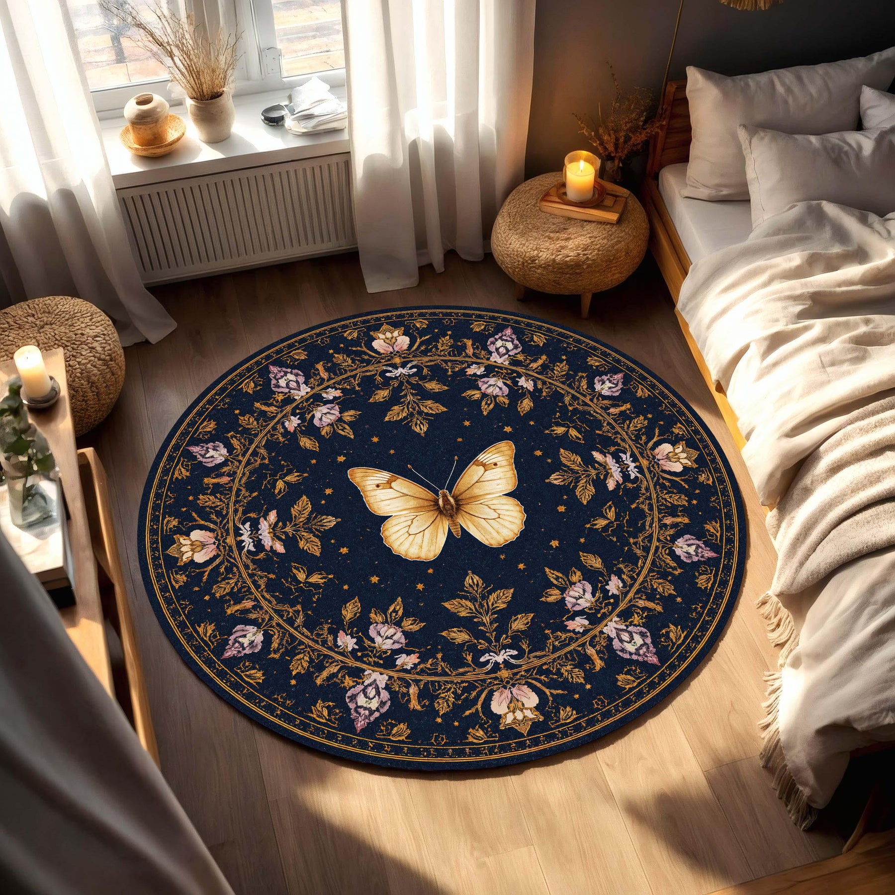 Round Navy Blue Butterfly Rug, Vintage Floral Medallion Carpet, Boho Celestial Area Rug for Living Room, Bedroom, Meditation Space