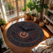 Viking Raven Round Rug, Norse Rune Circle Carpet, Celtic Knot Boho Gothic Decor for Living Room, Pagan Nordic Mythology Art Design