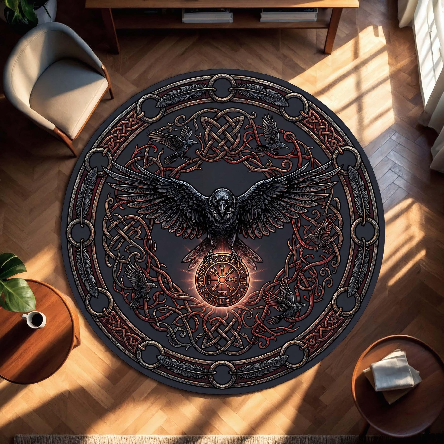 Viking Raven Round Rug, Norse Rune Circle Carpet, Celtic Knot Boho Gothic Decor for Living Room, Pagan Nordic Mythology Art Design