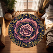 Round Zodiac Rose Rug, Boho Celestial Astrology Carpet, Mystical Floral Moon and Stars Floor Mat for Living Room, Bedroom Meditation Space