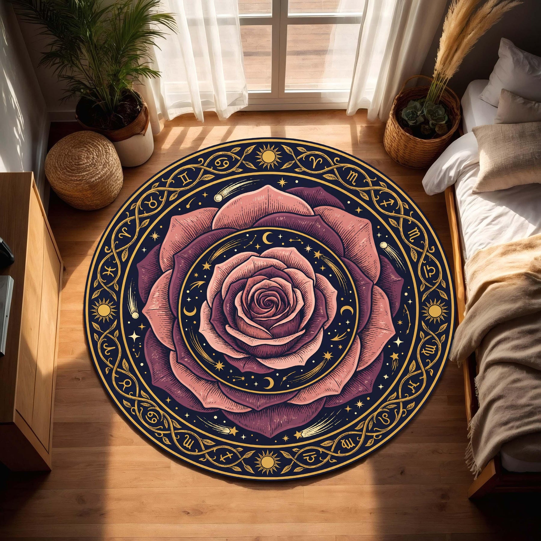 Round Zodiac Rose Rug, Boho Celestial Astrology Carpet, Mystical Floral Moon and Stars Floor Mat for Living Room, Bedroom Meditation Space