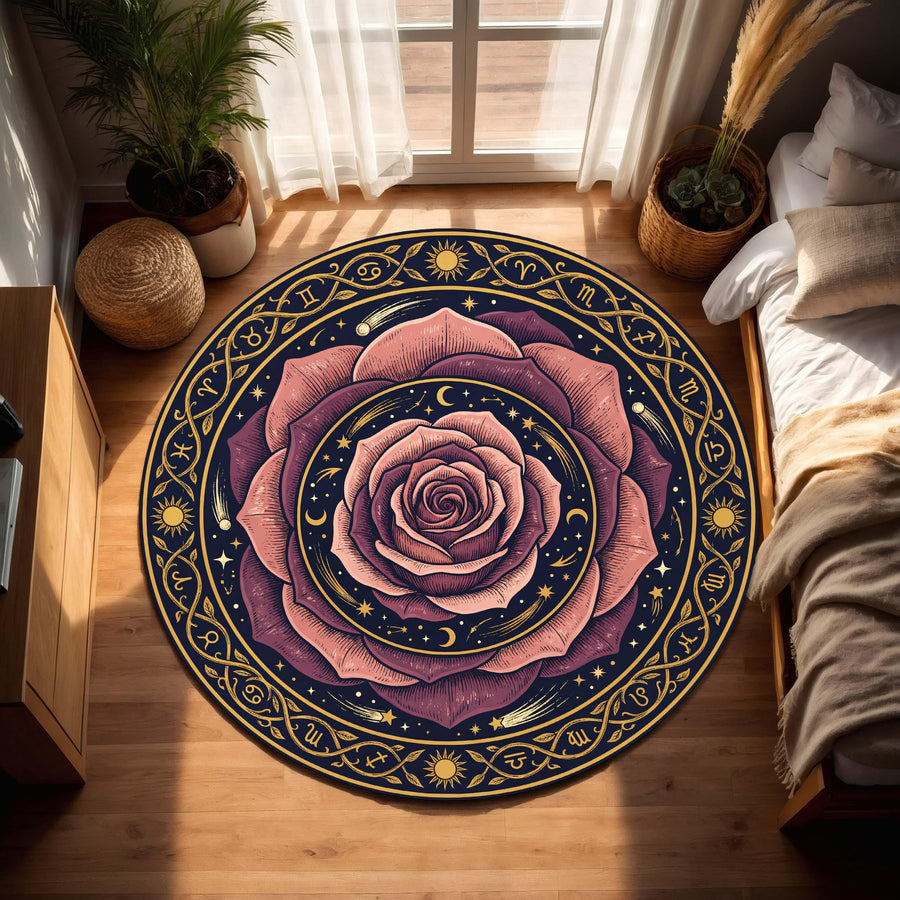 Round Zodiac Rose Rug, Boho Celestial Astrology Carpet, Mystical Floral Moon and Stars Floor Mat for Living Room, Bedroom Meditation Space