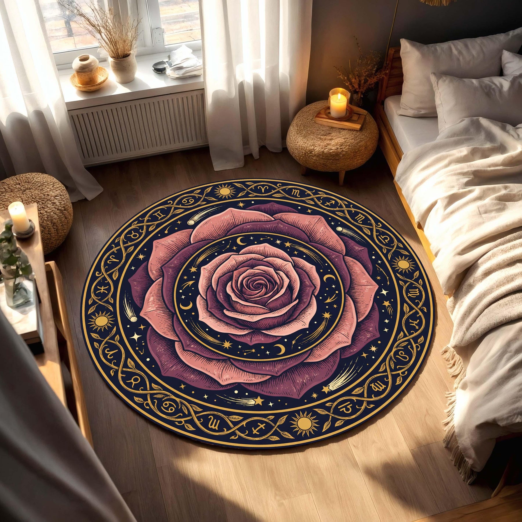 Round Zodiac Rose Rug, Boho Celestial Astrology Carpet, Mystical Floral Moon and Stars Floor Mat for Living Room, Bedroom Meditation Space