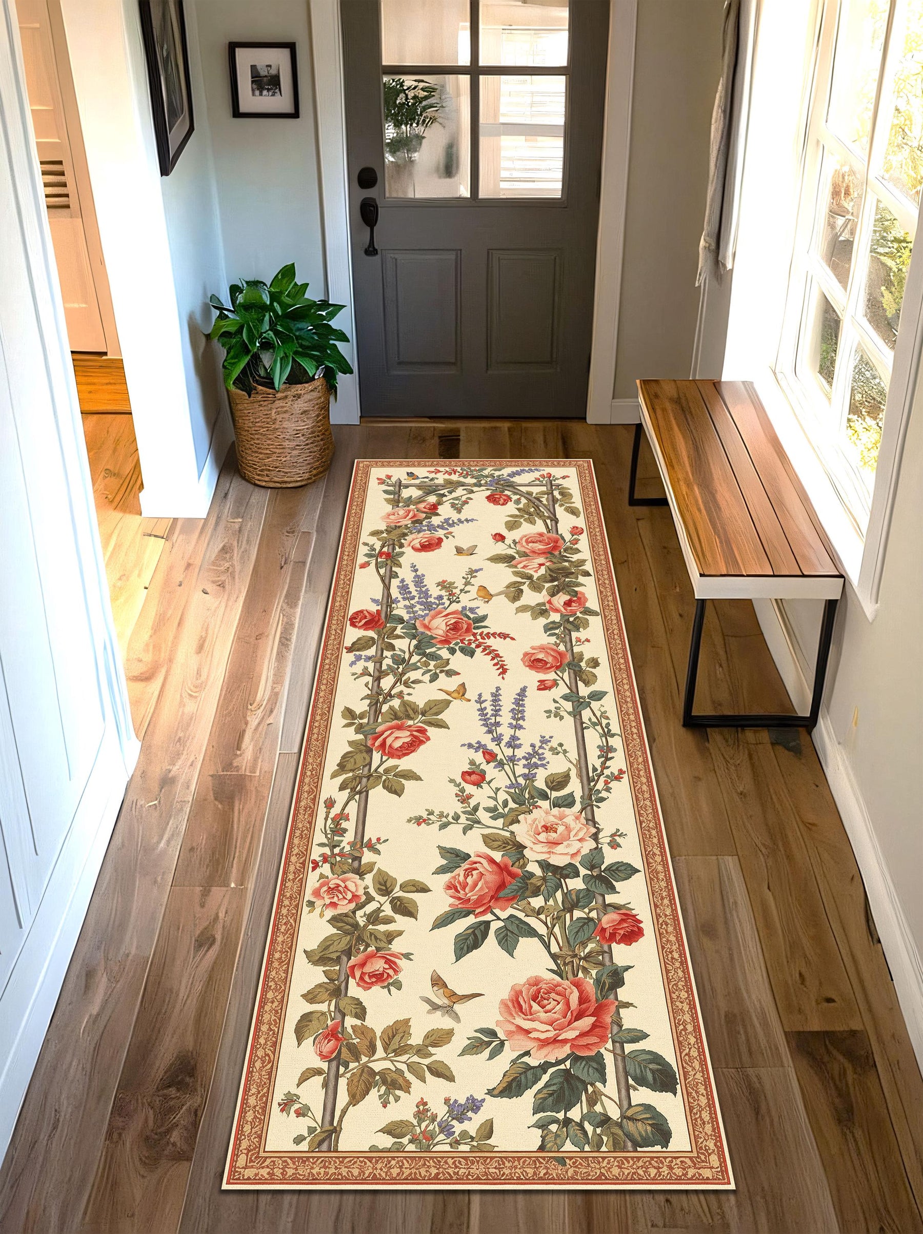 French Country Rose Runner Rug Cream Floral Hallway Carpet Vintage Cottage Long Narrow Area Rug for Entryway Kitchen Bedroom Decor