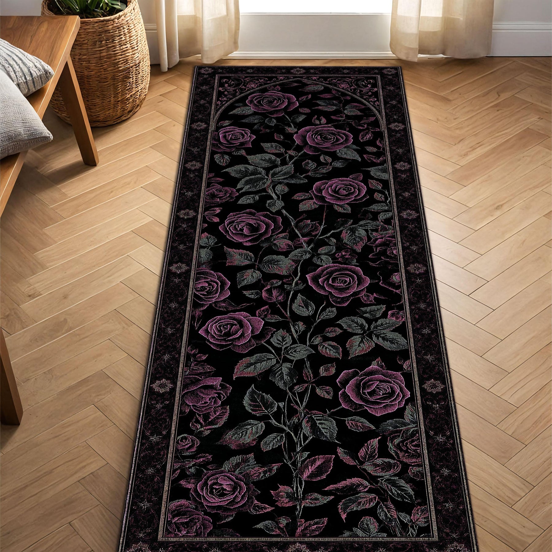 Black Rose Runner Rug, Gothic Floral Hallway Carpet, Dark Romantic Purple Roses Area Runner for Living Room Bedroom or Entryway Decor