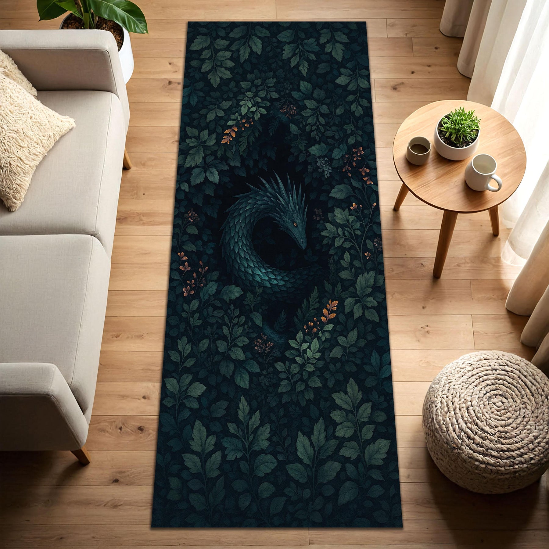 Forest Dragon Runner Rug, Dark Green Fantasy Foliage Carpet, Mystical Serpent Area Rug for Living Room Hallway Bedroom Home Decor