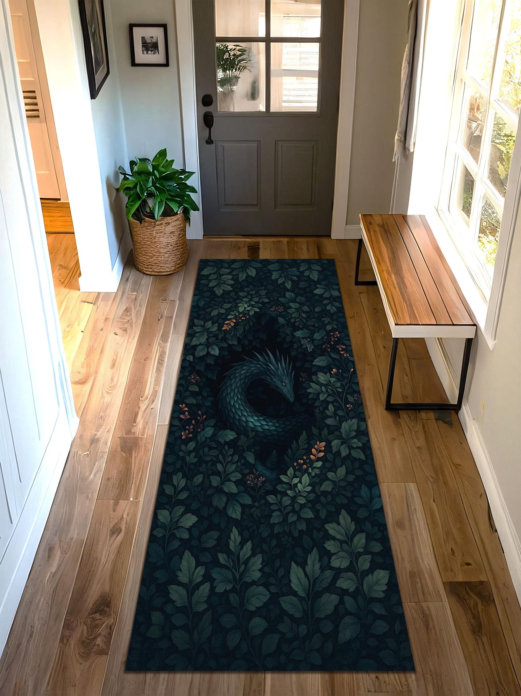 Forest Dragon Runner Rug, Dark Green Fantasy Foliage Carpet, Mystical Serpent Area Rug for Living Room Hallway Bedroom Home Decor