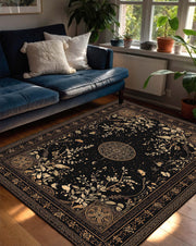 Celestial Botanical Black Area Rug, Moon Star Constellation Carpet, Vintage Boho Mystical Living Room Decor, Gothic Witchy Tapestry