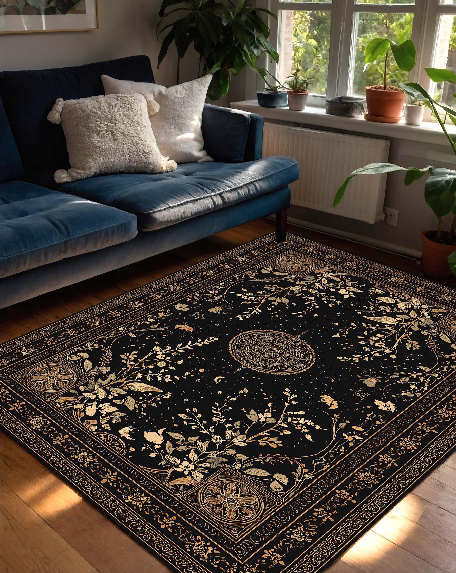 Celestial Botanical Black Area Rug, Moon Star Constellation Carpet, Vintage Boho Mystical Living Room Decor, Gothic Witchy Tapestry