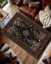 Celestial Botanical Black Area Rug, Moon Star Constellation Carpet, Vintage Boho Mystical Living Room Decor, Gothic Witchy Tapestry