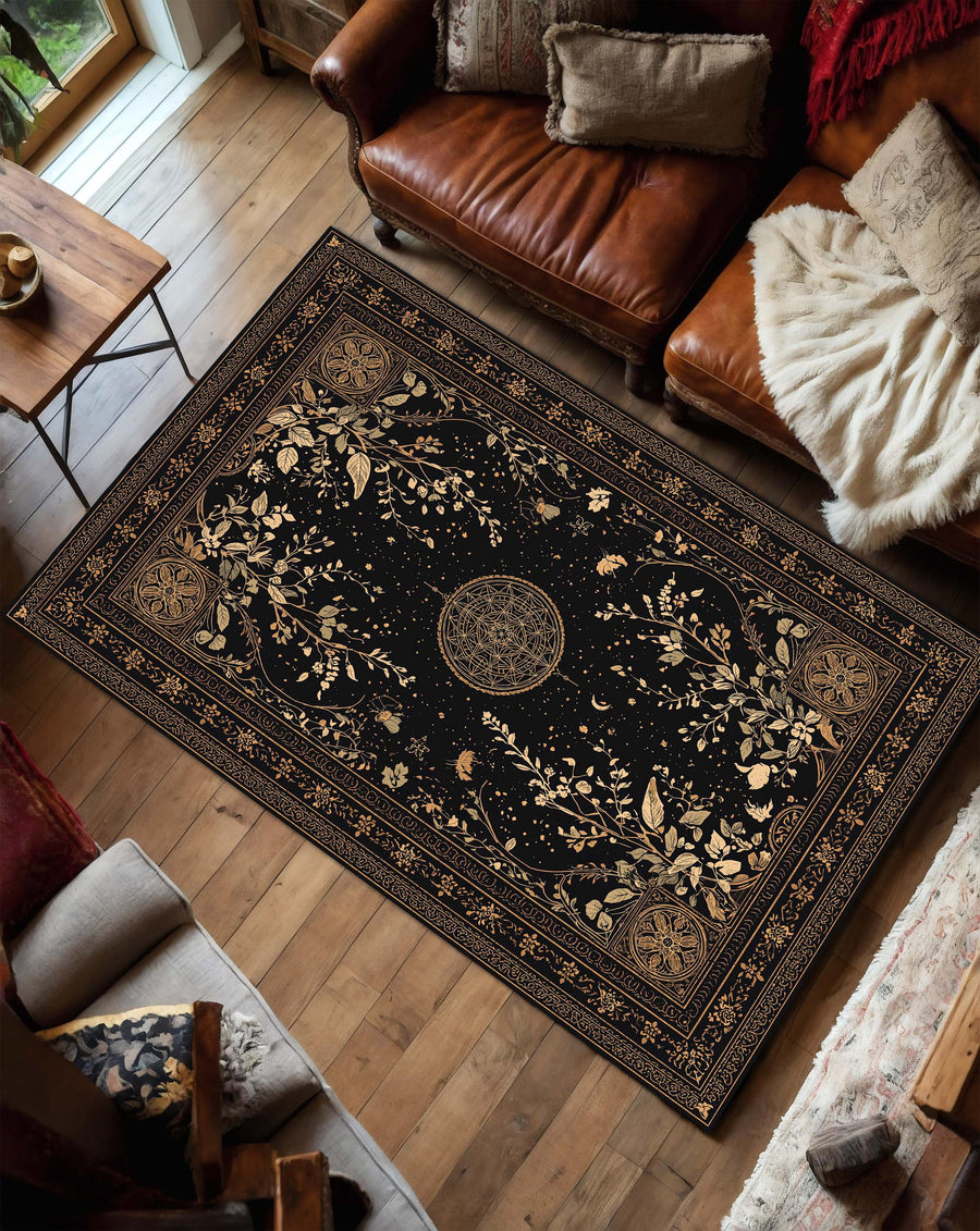 Celestial Botanical Black Area Rug, Moon Star Constellation Carpet, Vintage Boho Mystical Living Room Decor, Gothic Witchy Tapestry
