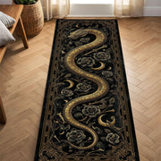Gothic Snake Rug Runner, Black Gold Occult Crescent Moon Floral Corridor Carpet, Witchy Celestial Hallway Mat, Dark Boho Home Decor