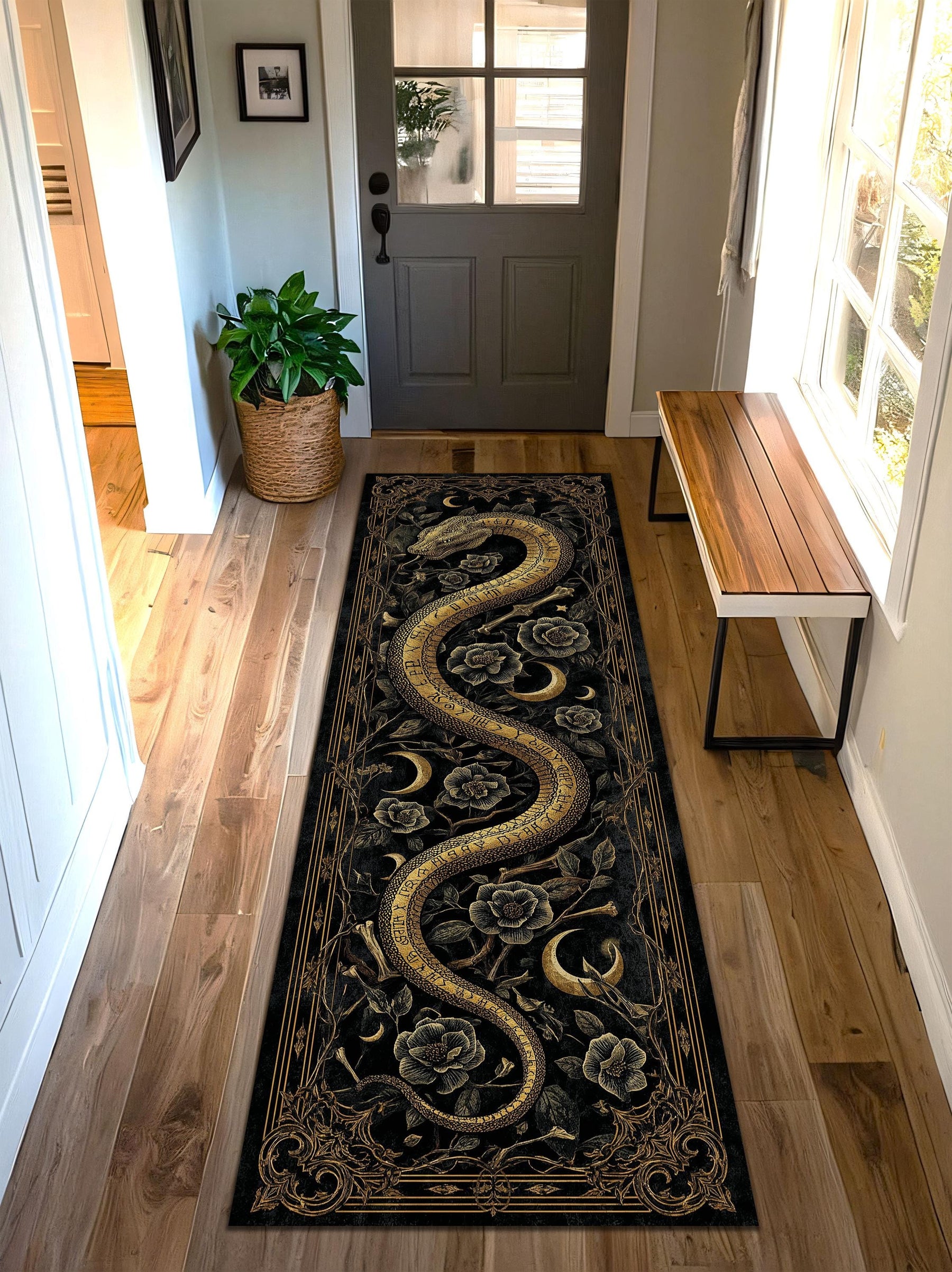 Gothic Snake Rug Runner, Black Gold Occult Crescent Moon Floral Corridor Carpet, Witchy Celestial Hallway Mat, Dark Boho Home Decor