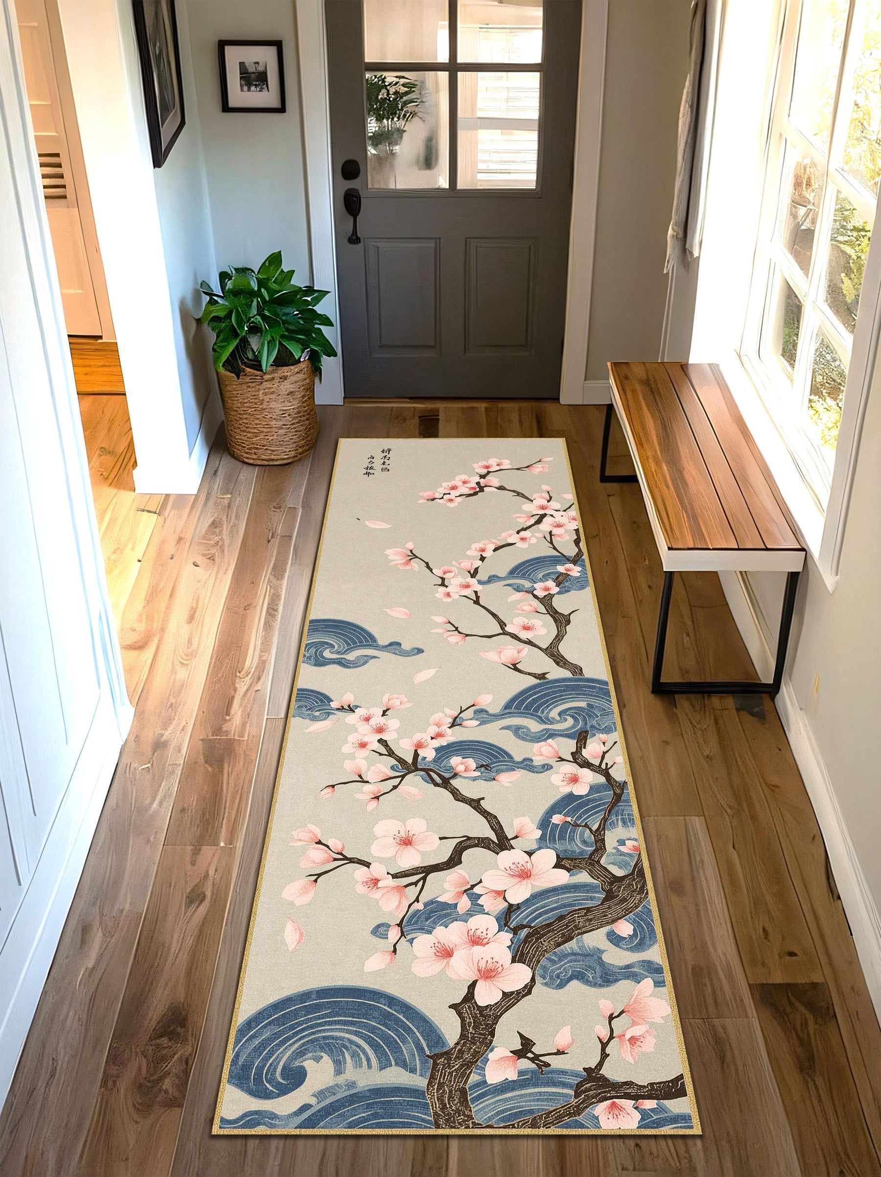 Japanese Cherry Blossom Runner Rug, Sakura Tree & Blue Wave Hallway Carpet, Oriental Floral Floor Decor for Living Room Entryway Home