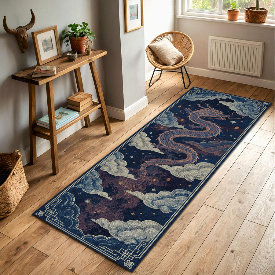 Oriental Dragon Runner Rug, Blue Celestial Cloud Hallway Carpet, Chinese Mythical Serpent Art Decor for Living Room Entryway Runner