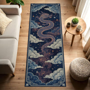 Oriental Dragon Runner Rug, Blue Celestial Cloud Hallway Carpet, Chinese Mythical Serpent Art Decor for Living Room Entryway Runner