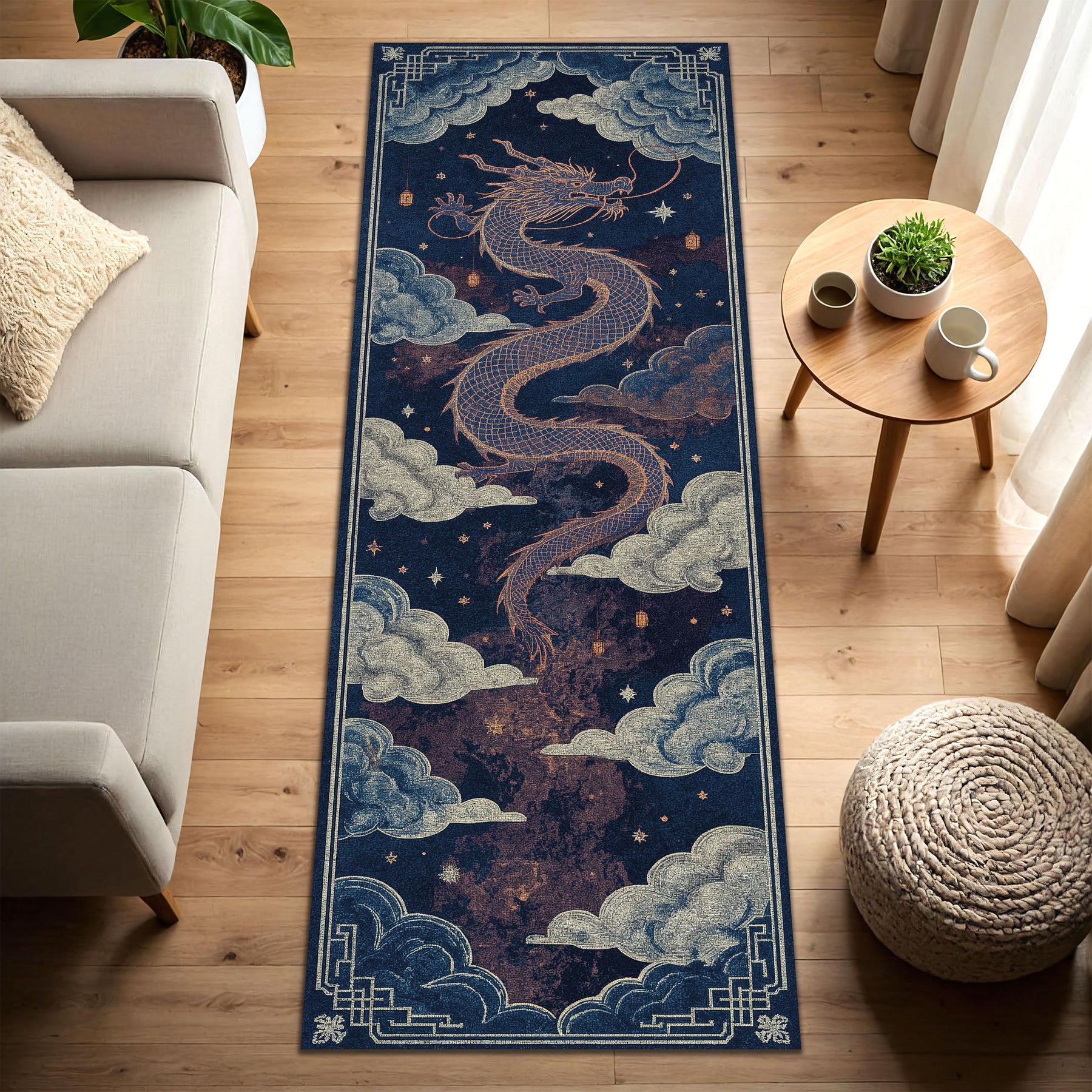 Oriental Dragon Runner Rug, Blue Celestial Cloud Hallway Carpet, Chinese Mythical Serpent Art Decor for Living Room Entryway Runner