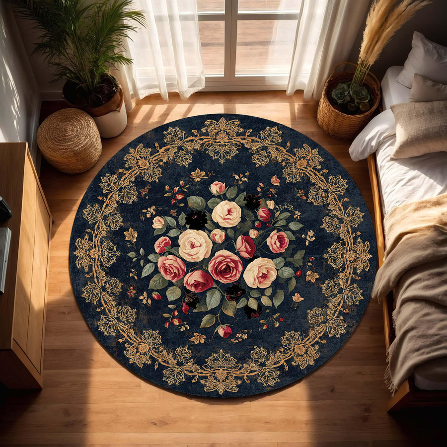 Round Navy Floral Area Rug with Vintage Roses, Gold Border Carpet for Living Room or Bedroom Decor, Cottagecore Boho Circular Floor Mat