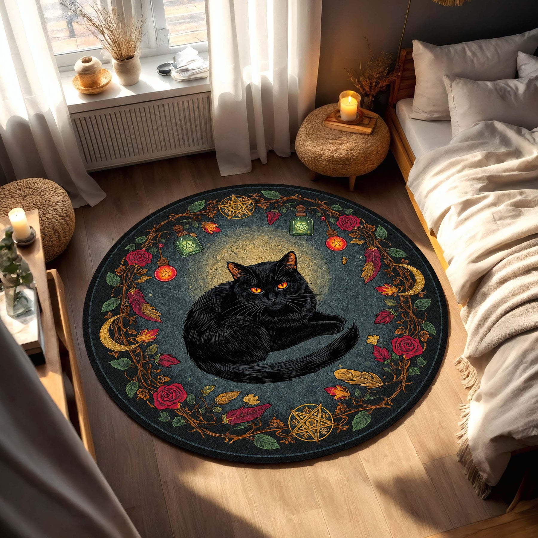 Round Witchy Black Cat Rug, Occult Boho Pentagram Floor Mat, Gothic Halloween Wiccan Decor for Living Room & Bedroom Area Carpet Decor