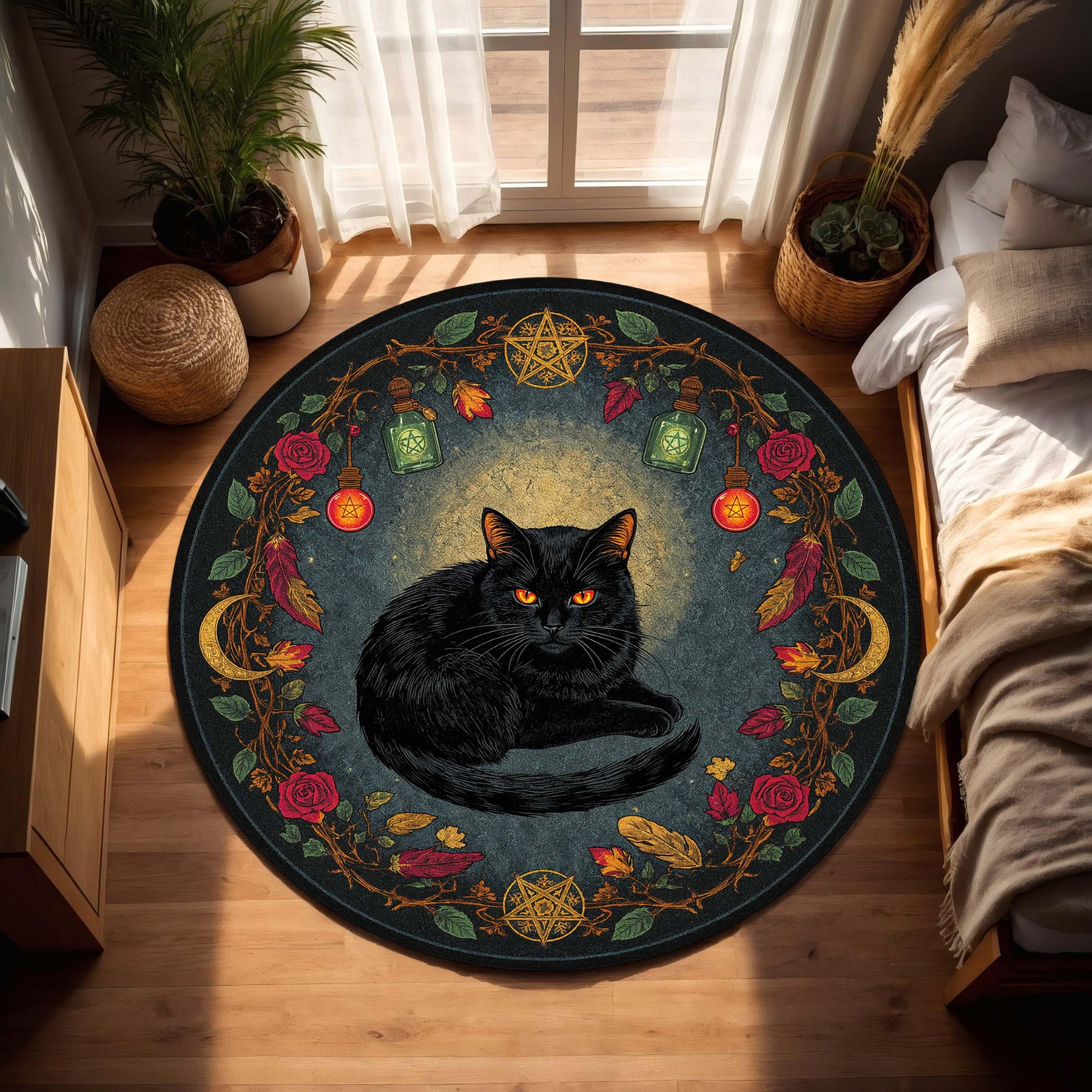 Round Witchy Black Cat Rug, Occult Boho Pentagram Floor Mat, Gothic Halloween Wiccan Decor for Living Room & Bedroom Area Carpet Decor