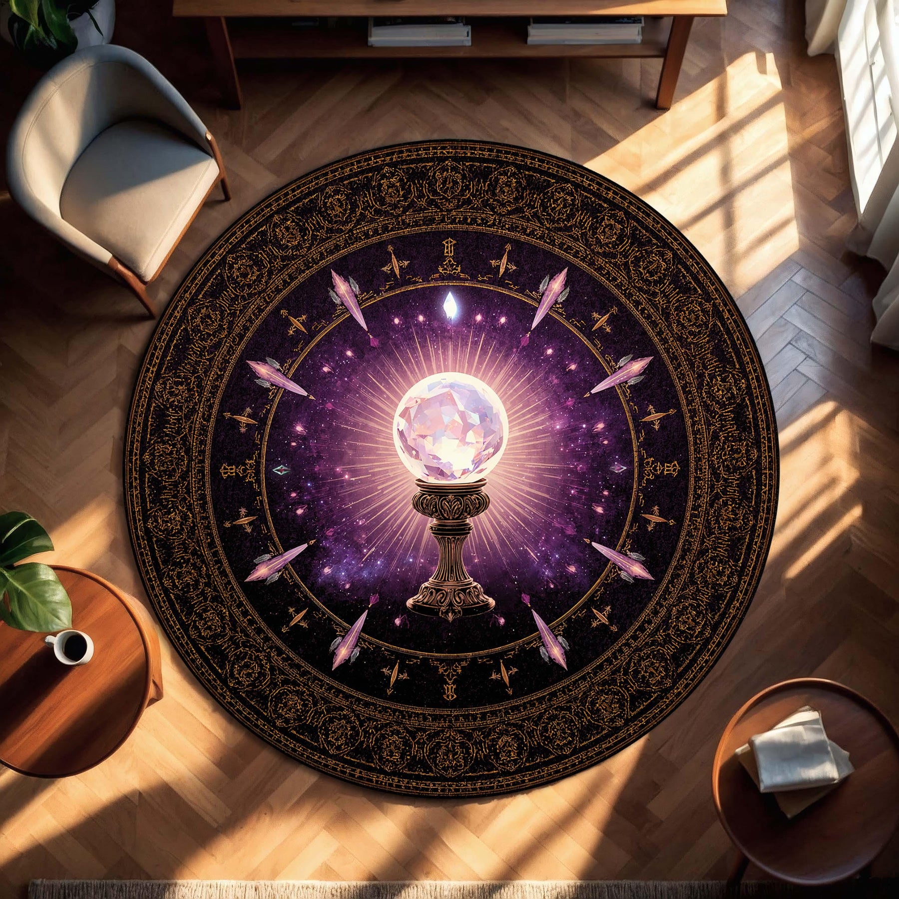 Mystic Crystal Ball Round Rug, Celestial Witchy Astrology Carpet for Living Room, Meditation Space, Boho Occult Altar Home Decor