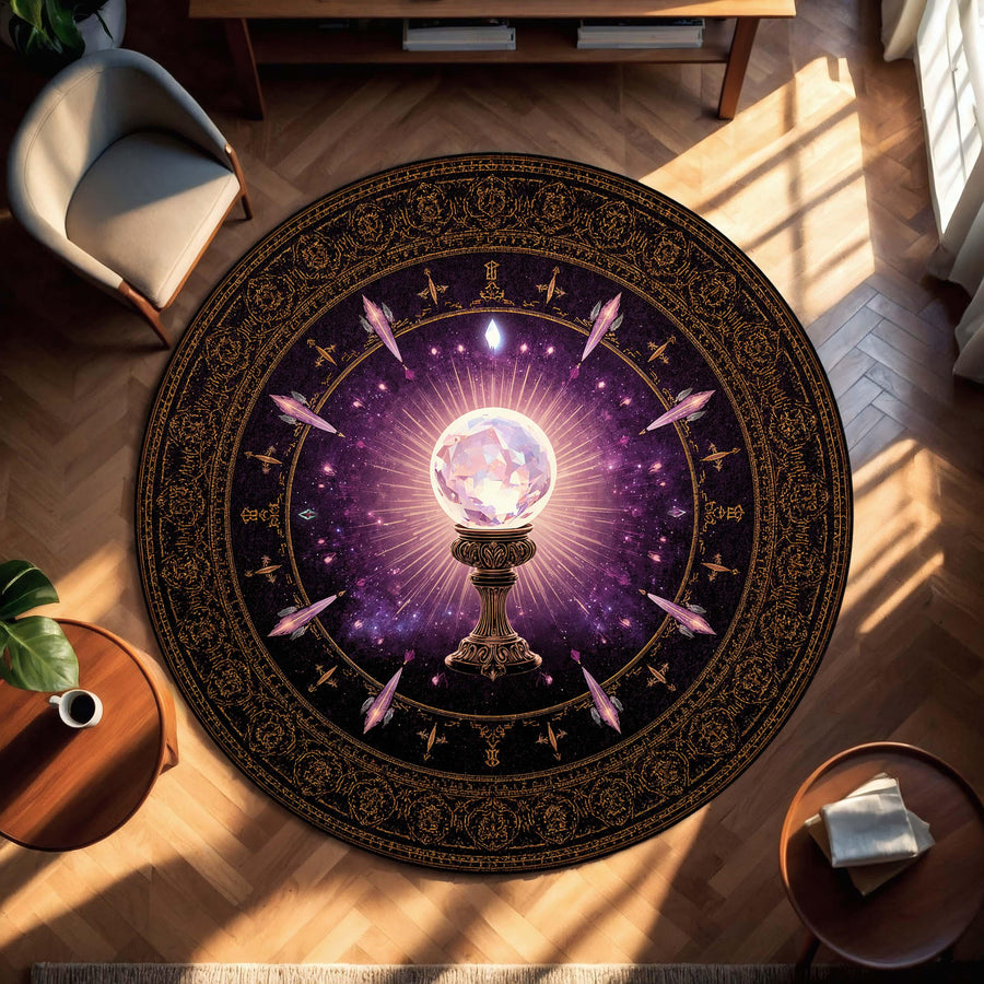 Mystic Crystal Ball Round Rug, Celestial Witchy Astrology Carpet for Living Room, Meditation Space, Boho Occult Altar Home Decor