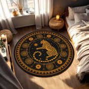 Celestial Leopard Round Rug, Black Gold Zodiac Mandala Carpet, Boho Mystical Sun Moon Animal Art, Living Room Bedroom Home Decor Rug