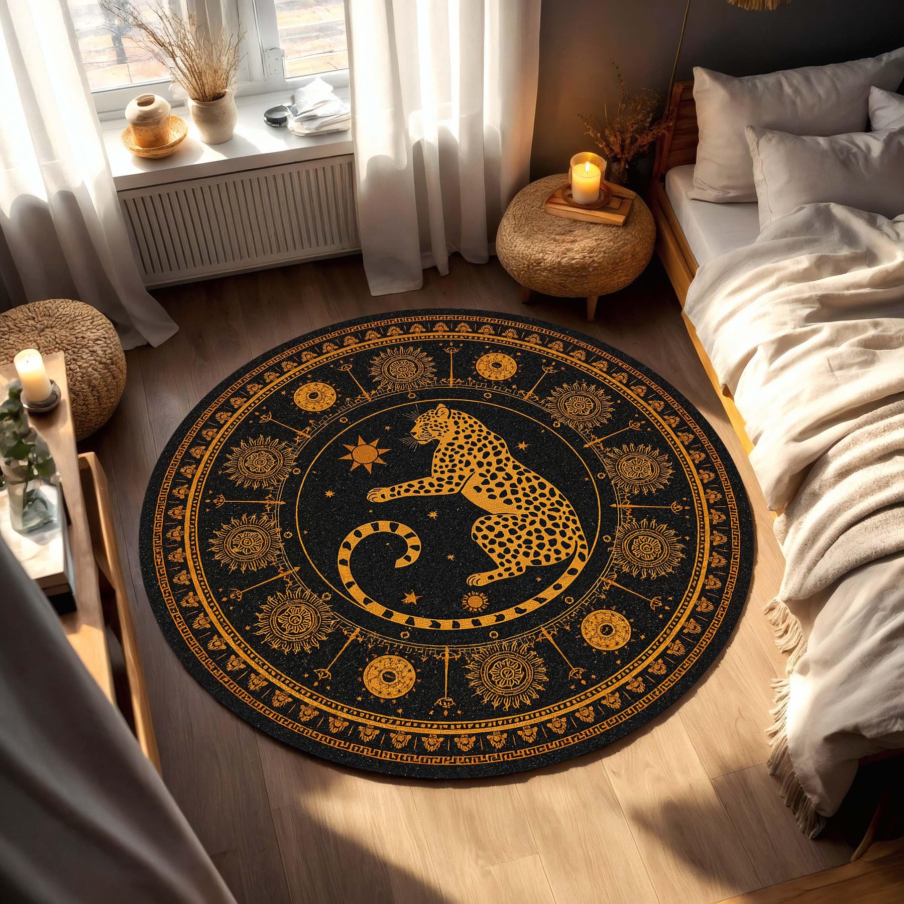 Celestial Leopard Round Rug, Black Gold Zodiac Mandala Carpet, Boho Mystical Sun Moon Animal Art, Living Room Bedroom Home Decor Rug
